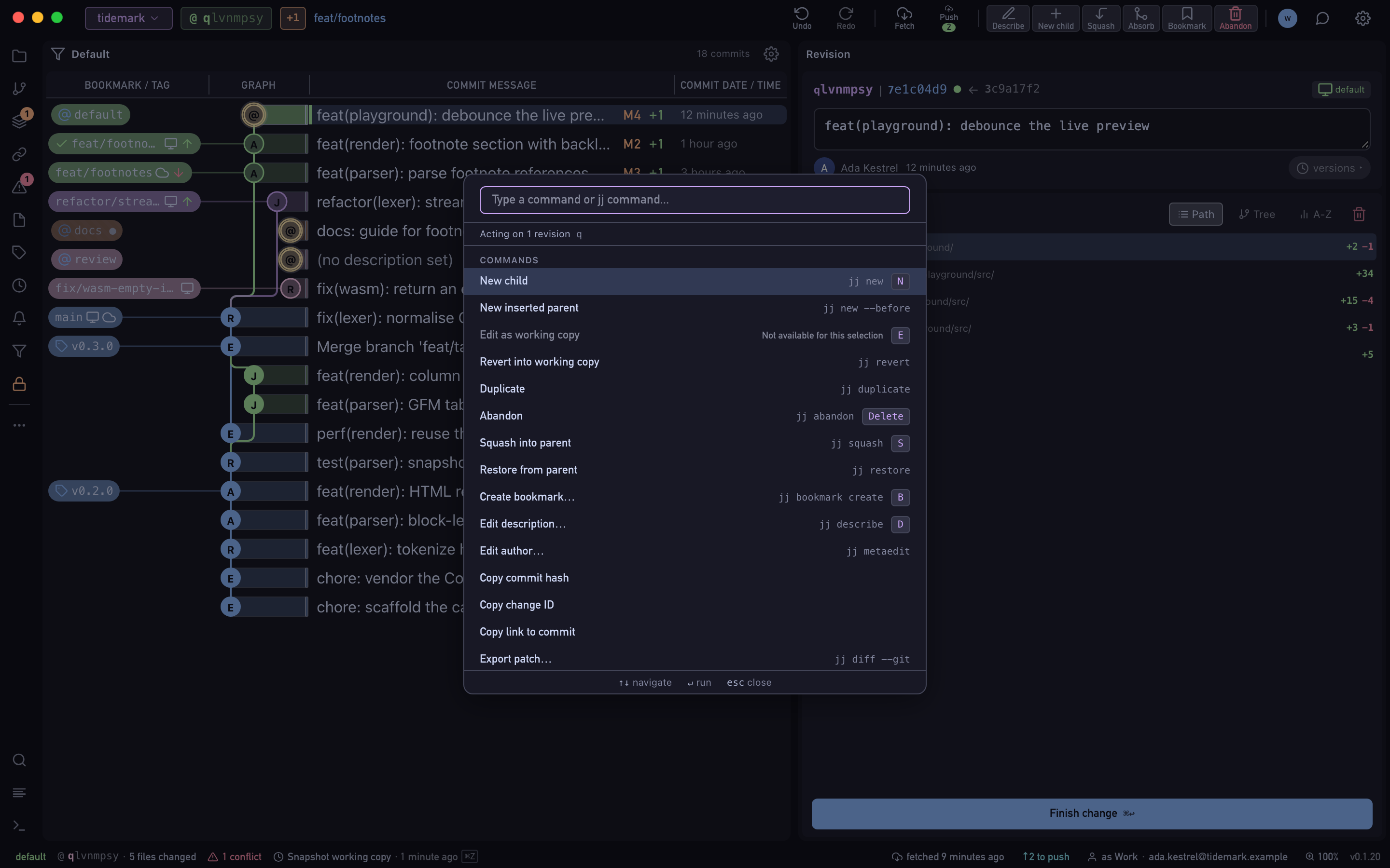 The Wyrm command palette open over the log, filtering commands as you type.