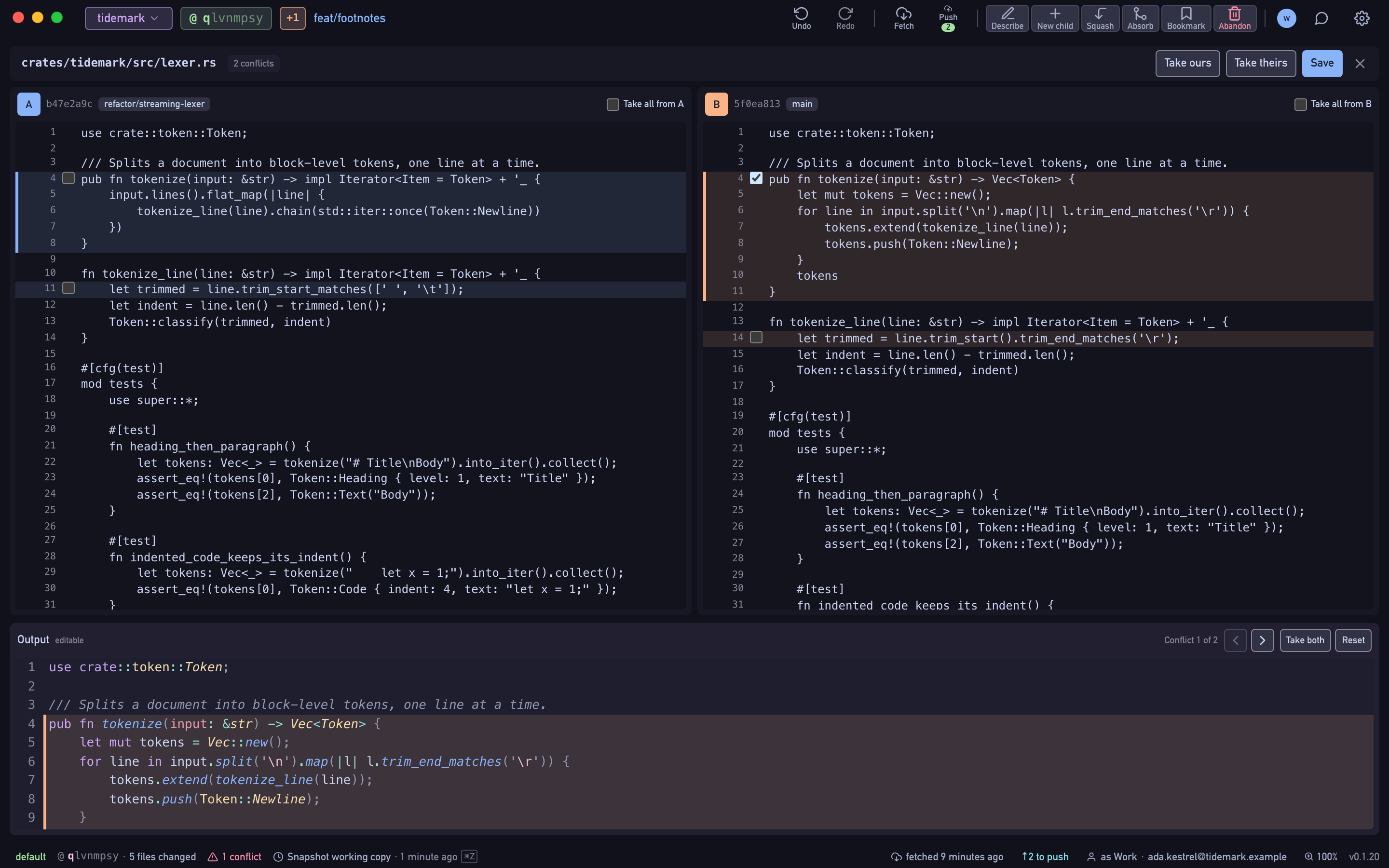 The conflict resolver: both sides on top, the editable result below