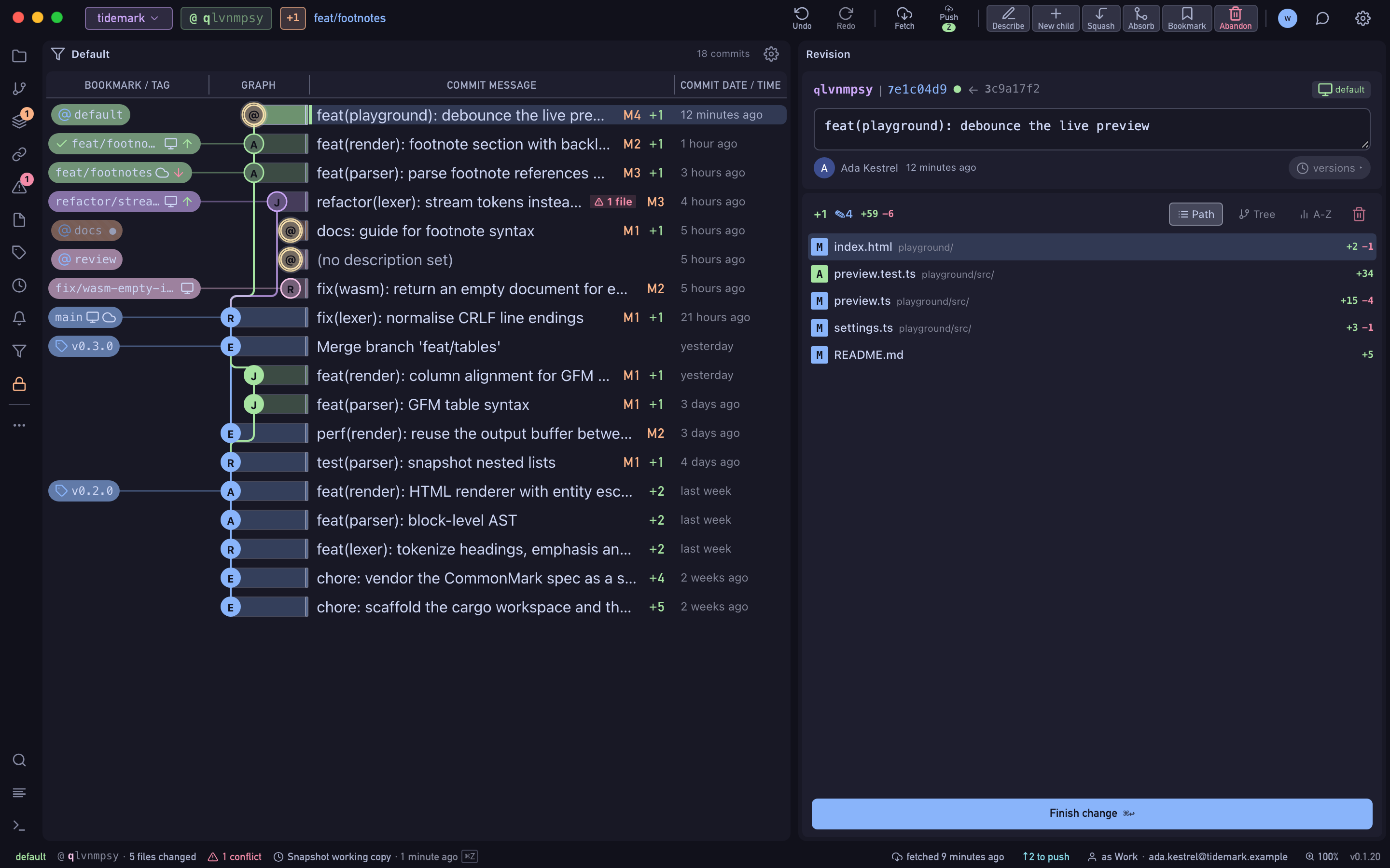 The Wyrm main window with the commit graph of a jj repository and the diff of the selected change