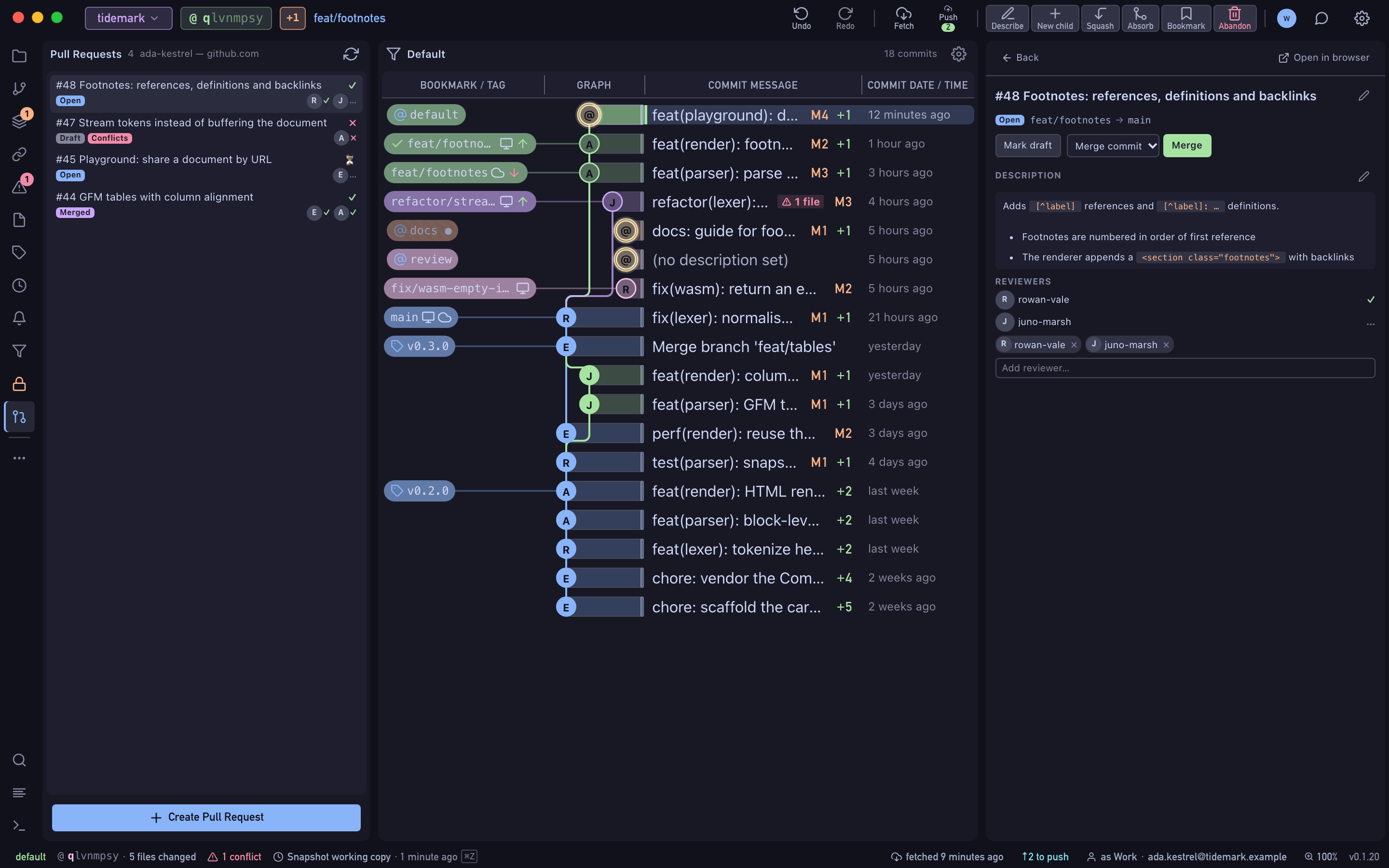 The Wyrm pull-request panel showing an open pull request with its reviewers and merge options.
